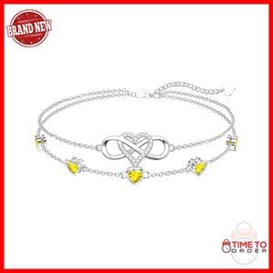 925 Sterling Silver Infinity Heart Birthstone Anklet Bracelet Adjustable 7"+2"